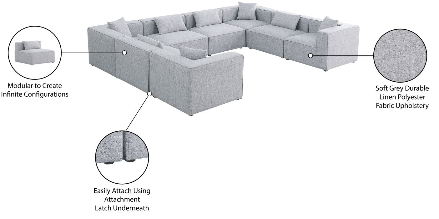 Meridian Furniture - Cube 144" Grey Fabric Upholstered 8pc. Sectional - 630Grey-Sec8A - GreatFurnitureDeal