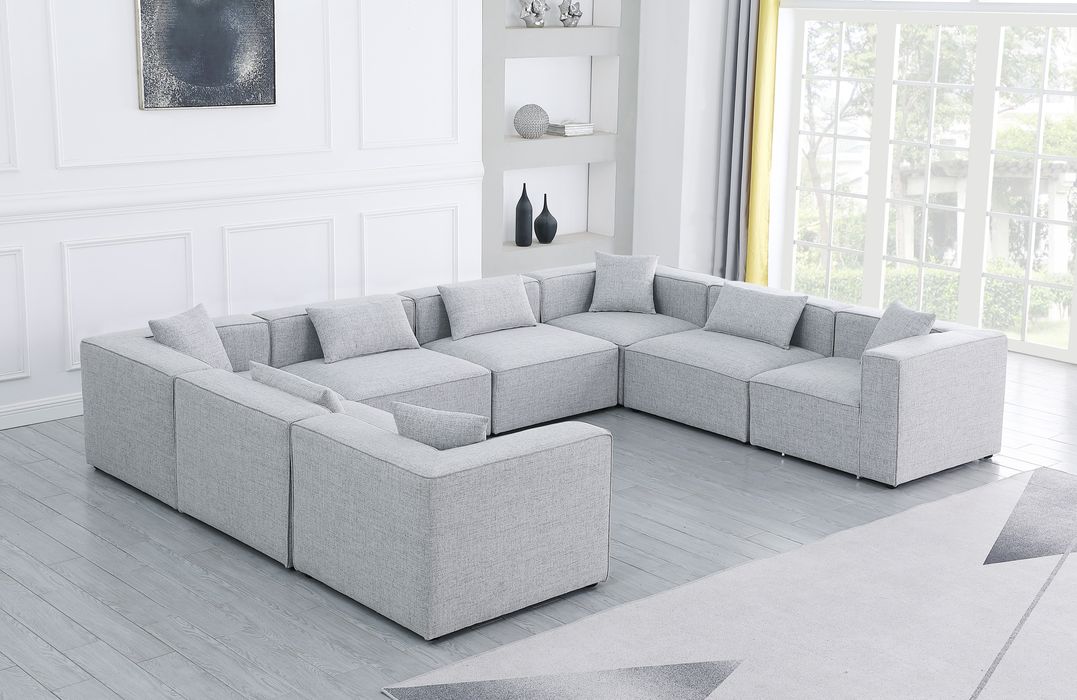 Meridian Furniture - Cube 144" Grey Fabric Upholstered 8pc. Sectional - 630Grey-Sec8A - GreatFurnitureDeal