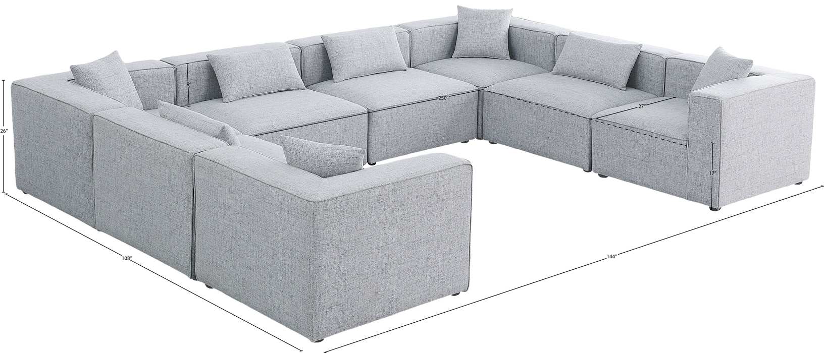Meridian Furniture - Cube 144" Grey Fabric Upholstered 8pc. Sectional - 630Grey-Sec8A - GreatFurnitureDeal