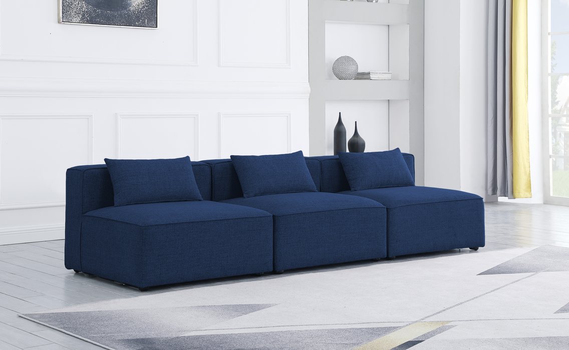 Meridian Furniture - Cube 108" Navy Fabric Upholstered 3pc. Armless Sofa - 630Navy-S108A - GreatFurnitureDeal
