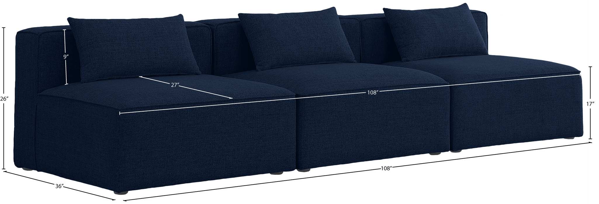 Meridian Furniture - Cube 108" Navy Fabric Upholstered 3pc. Armless Sofa - 630Navy-S108A - GreatFurnitureDeal