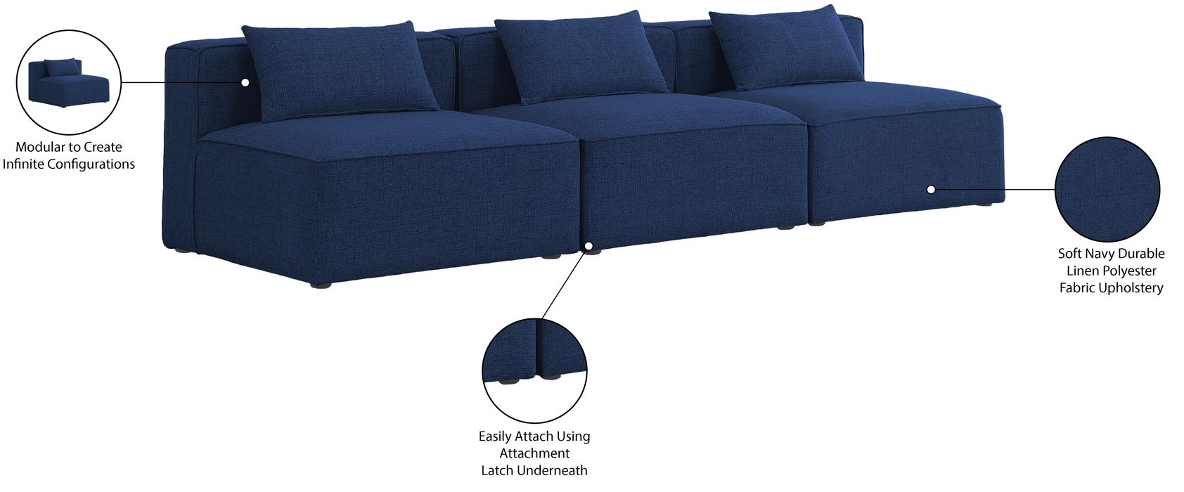 Meridian Furniture - Cube 108" Navy Fabric Upholstered 3pc. Armless Sofa - 630Navy-S108A - GreatFurnitureDeal