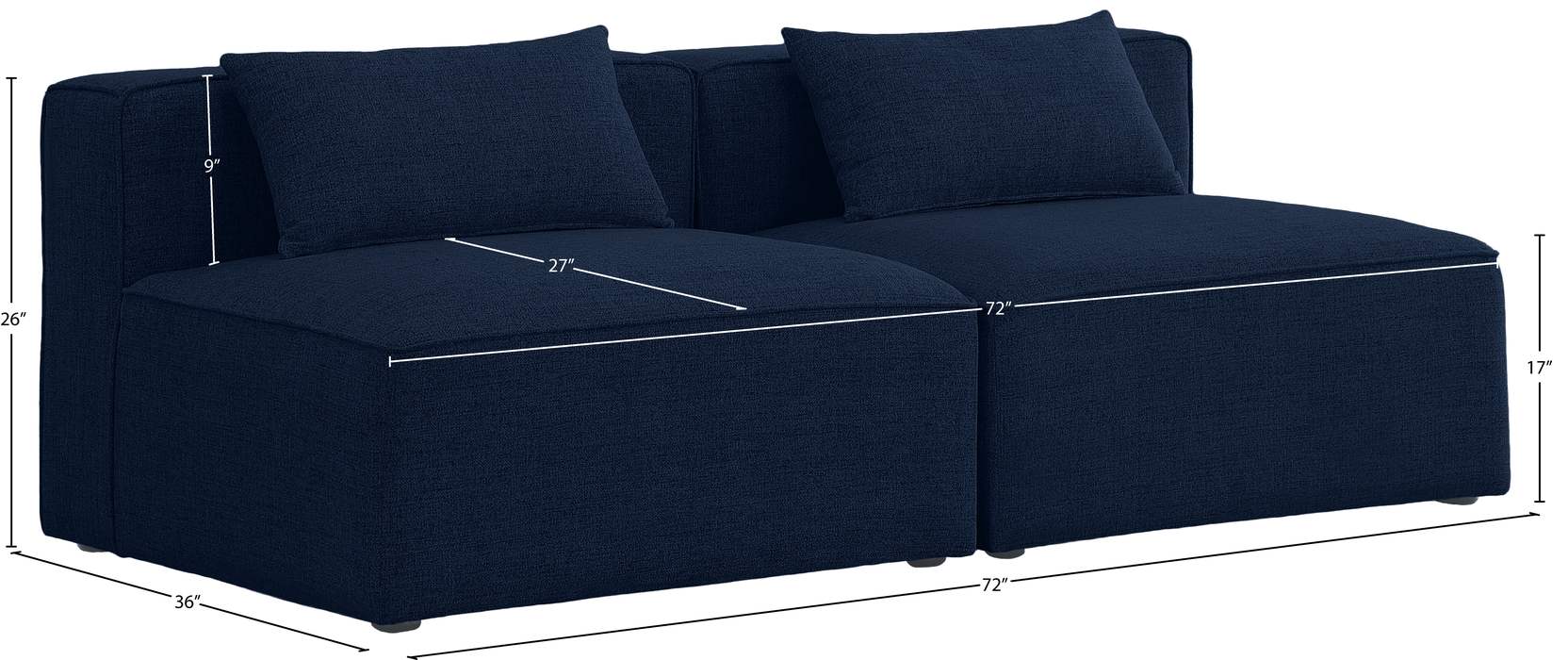 Meridian Furniture - Cube 72" Navy Fabric Upholstered 2pc. Armless Sofa - 630Navy-S72A - GreatFurnitureDeal
