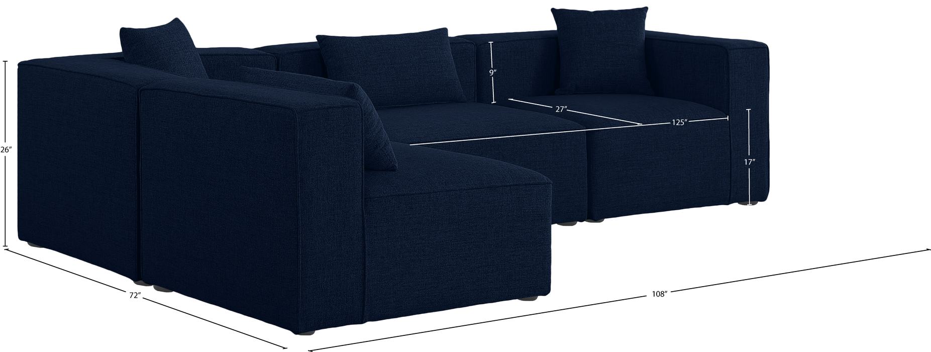 Meridian Furniture - Cube 108" Navy Fabric Upholstered 4pc. Sectional - 630Navy-Sec4B - GreatFurnitureDeal