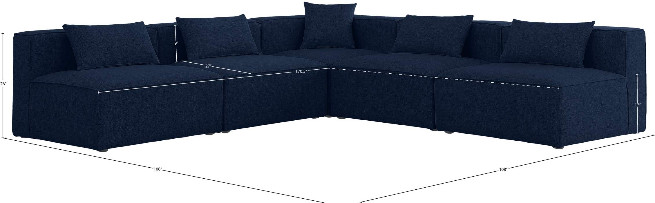 Meridian Furniture - Cube 108" Navy Fabric Upholstered 5pc. Sectional - 630Navy-Sec5B - GreatFurnitureDeal