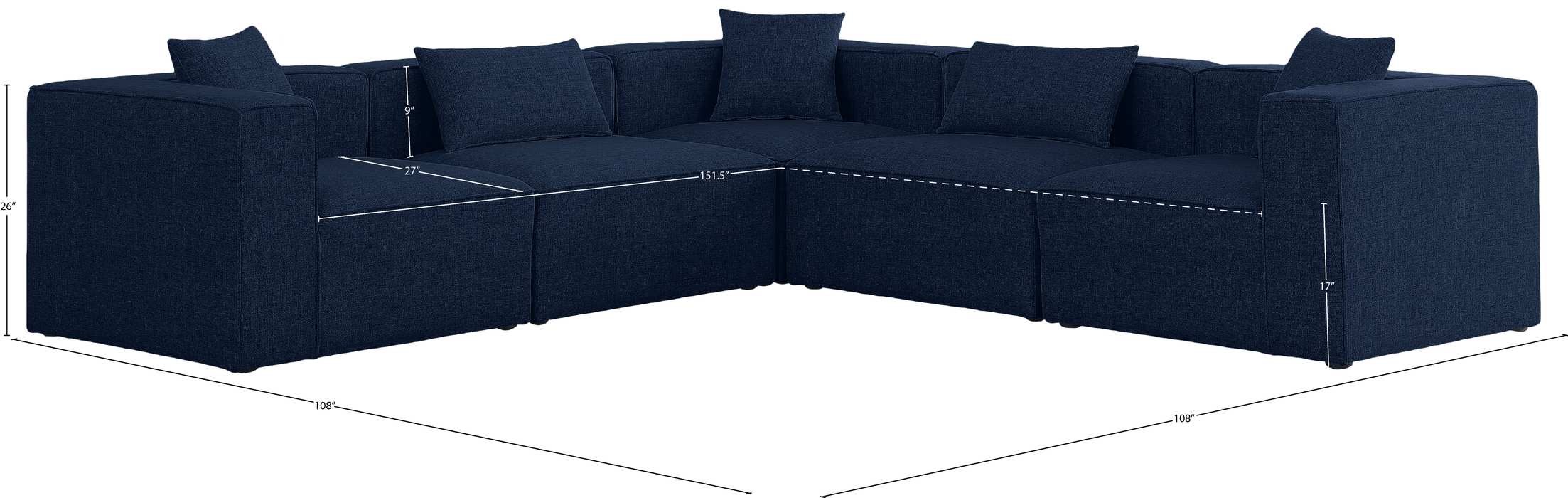 Meridian Furniture - Cube 108" Navy Fabric Upholstered 5pc. Sectional - 630Navy-Sec5C - GreatFurnitureDeal