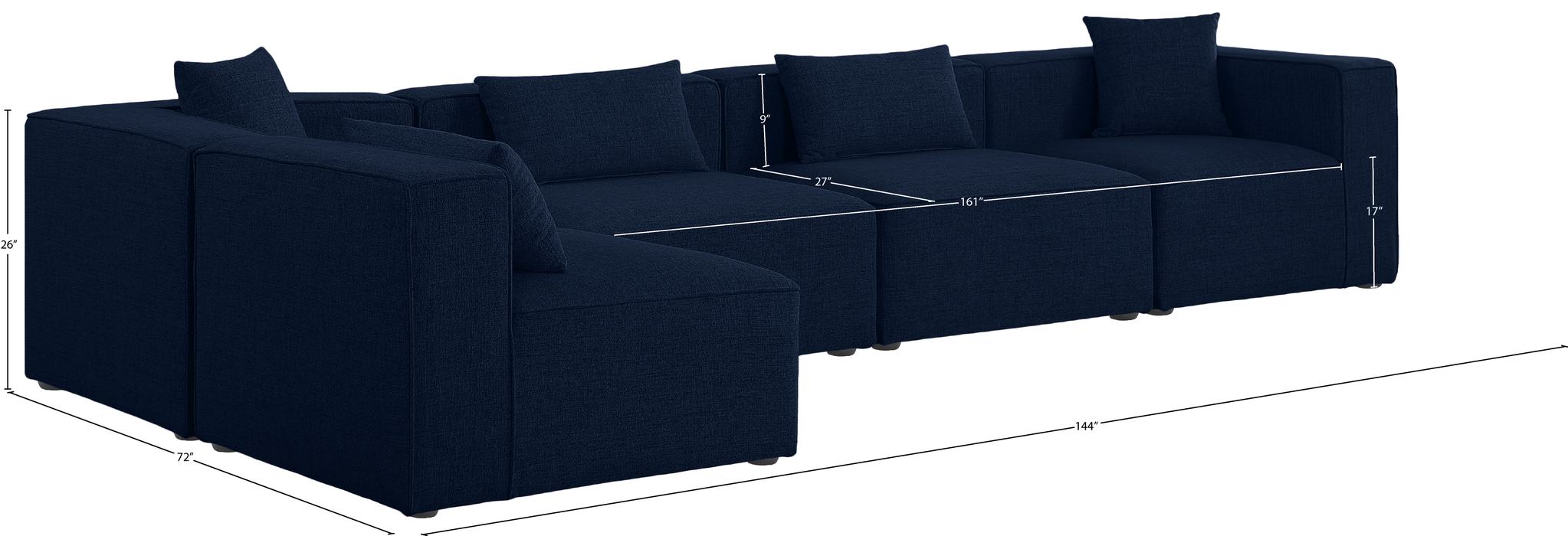 Meridian Furniture - Cube 144" Navy Fabric Upholstered 5pc. Sectional - 630Navy-Sec5D - GreatFurnitureDeal