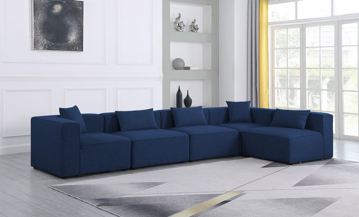 Meridian Furniture - Cube 144" Navy Fabric Upholstered 5pc. Sectional - 630Navy-Sec5D - GreatFurnitureDeal