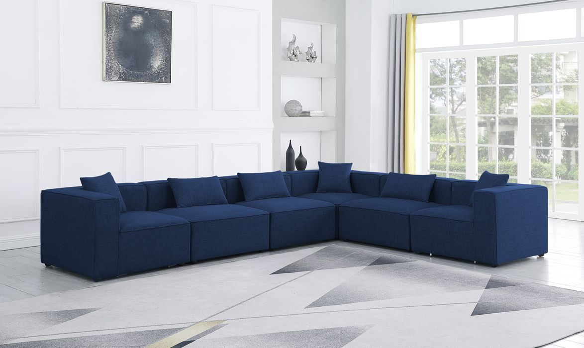 Meridian Furniture - Cube 144" Navy Fabric Upholstered 6pc. Sectional - 630Navy-Sec6A - GreatFurnitureDeal