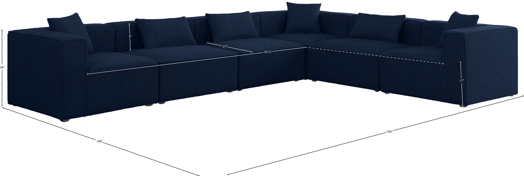 Meridian Furniture - Cube 144" Navy Fabric Upholstered 6pc. Sectional - 630Navy-Sec6A - GreatFurnitureDeal