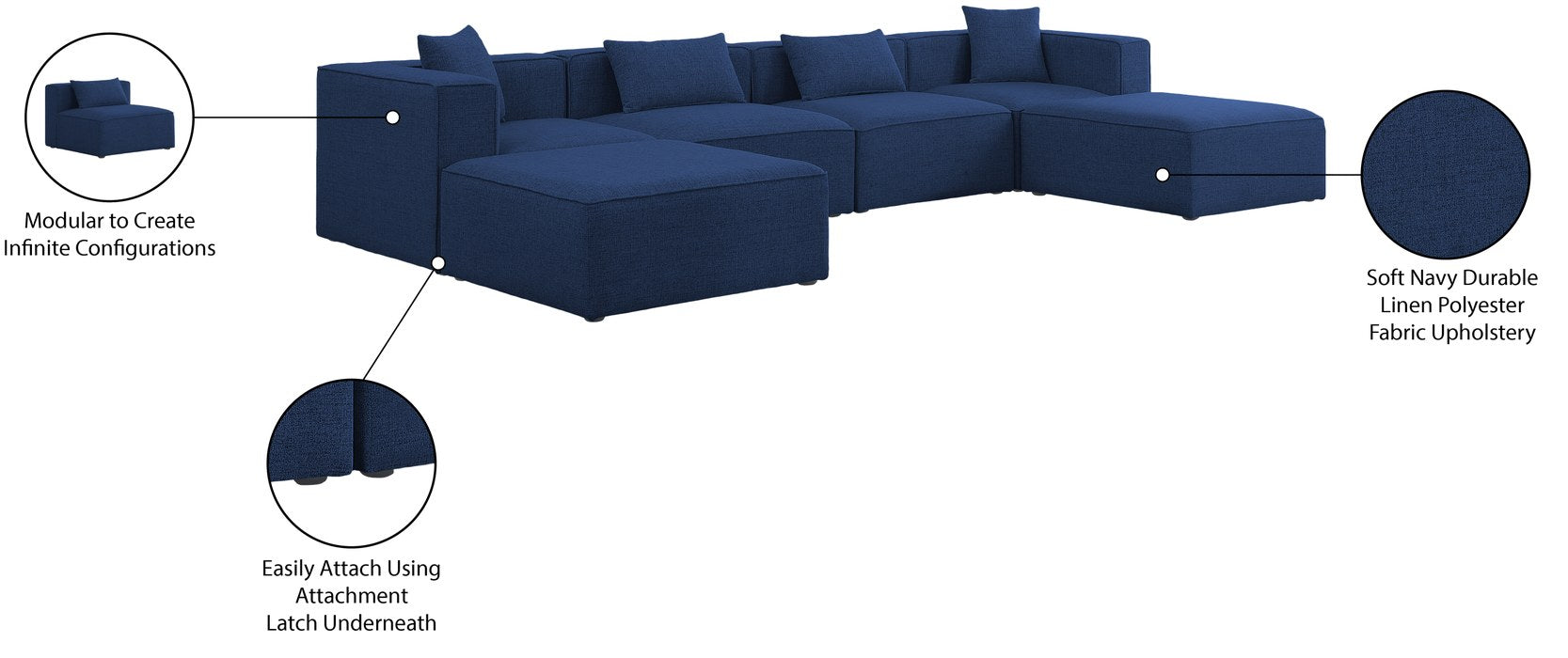 Meridian Furniture - Cube 144" Navy Fabric Upholstered 6pc. Sectional - 630Navy-Sec6B - GreatFurnitureDeal