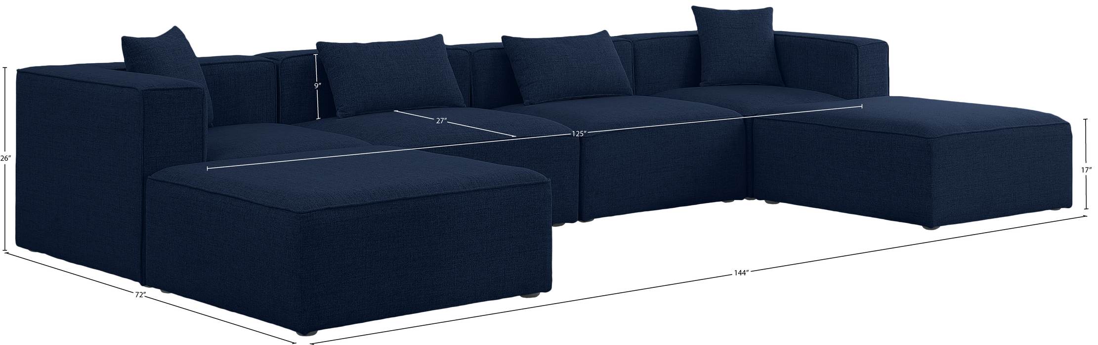 Meridian Furniture - Cube 144" Navy Fabric Upholstered 6pc. Sectional - 630Navy-Sec6B - GreatFurnitureDeal