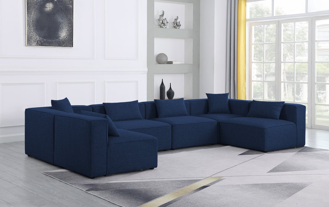 Meridian Furniture - Cube 144" Navy Fabric Upholstered 6pc. Sectional - 630Navy-Sec6D - GreatFurnitureDeal