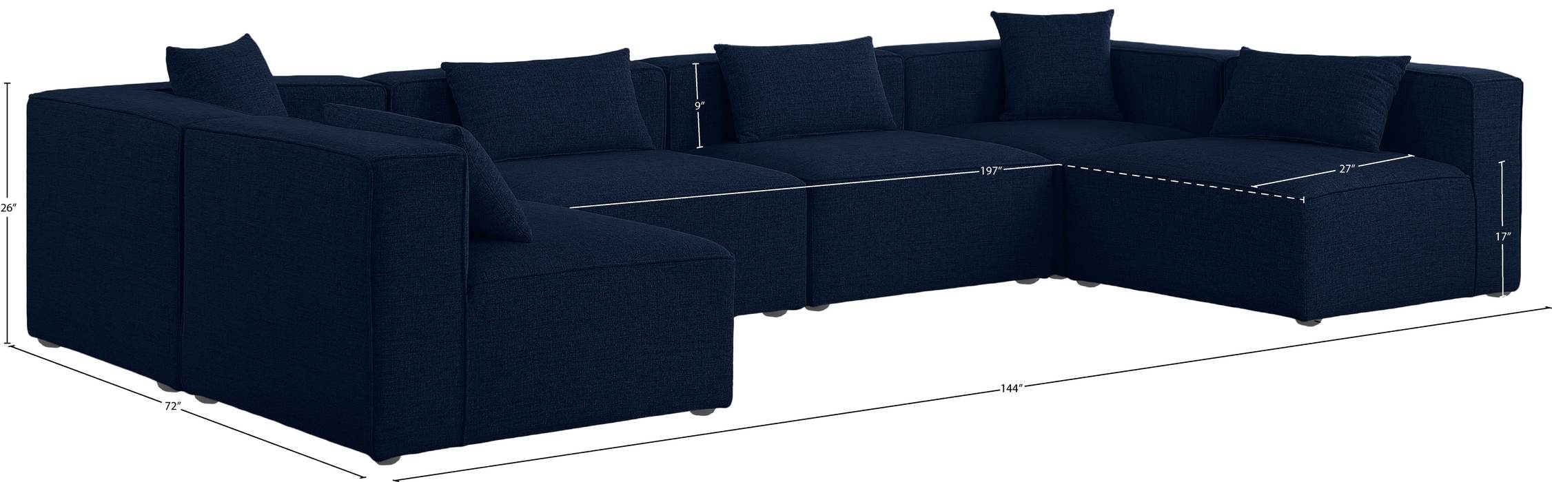 Meridian Furniture - Cube 144" Navy Fabric Upholstered 6pc. Sectional - 630Navy-Sec6D - GreatFurnitureDeal