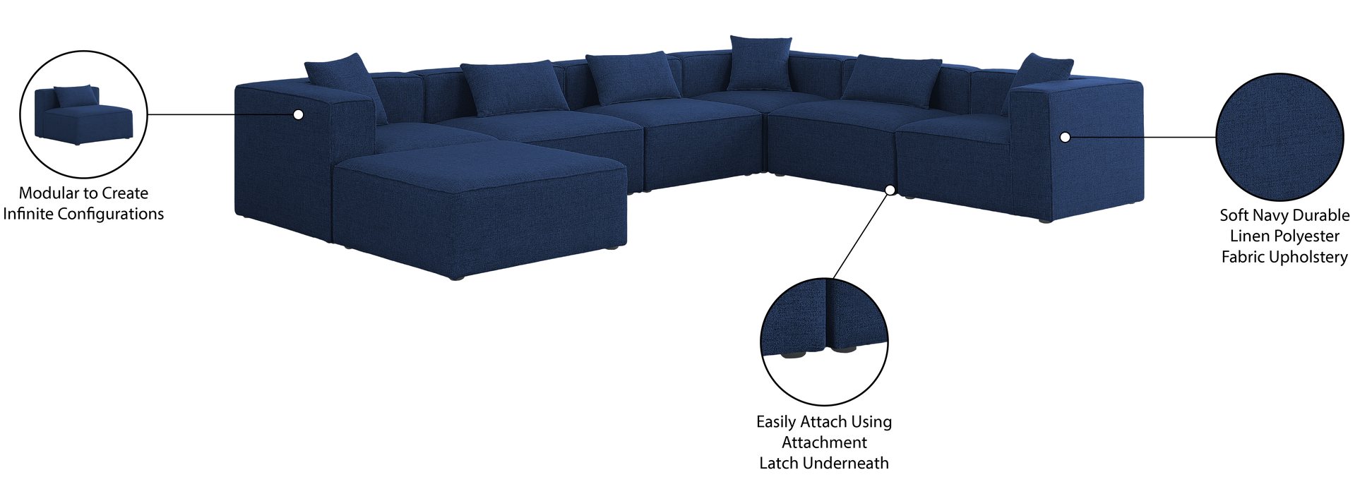 Meridian Furniture - Cube 144" Navy Fabric Upholstered 7pc. Sectional - 630Navy-Sec7A - GreatFurnitureDeal