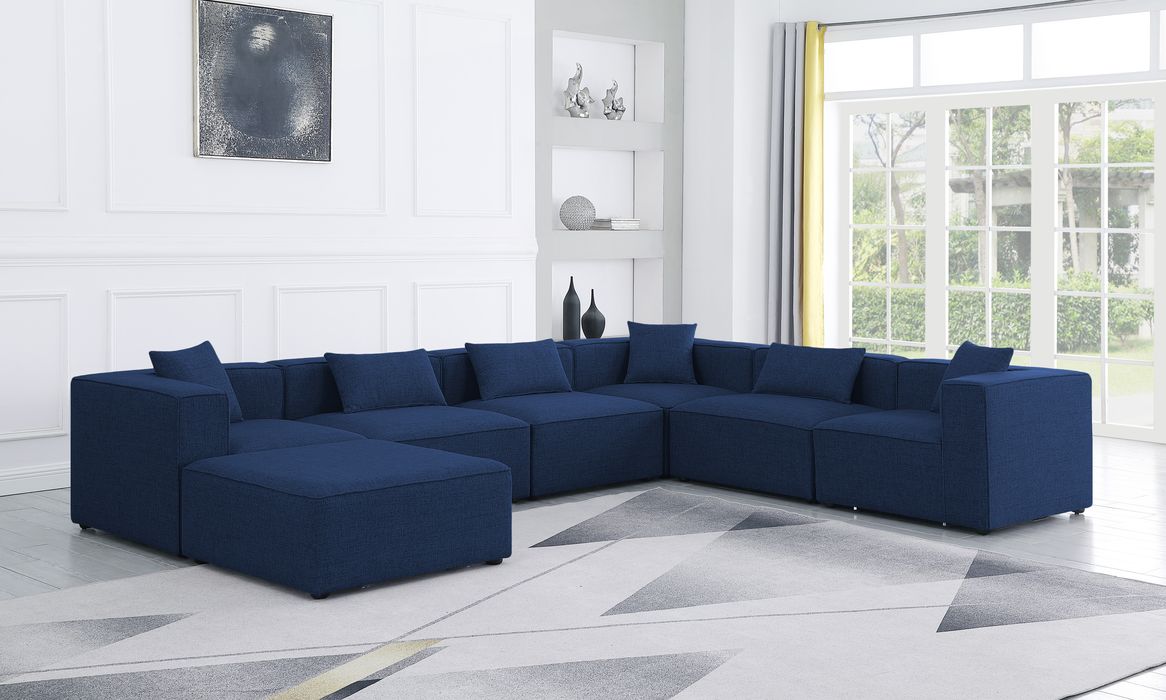 Meridian Furniture - Cube 144" Navy Fabric Upholstered 7pc. Sectional - 630Navy-Sec7A - GreatFurnitureDeal