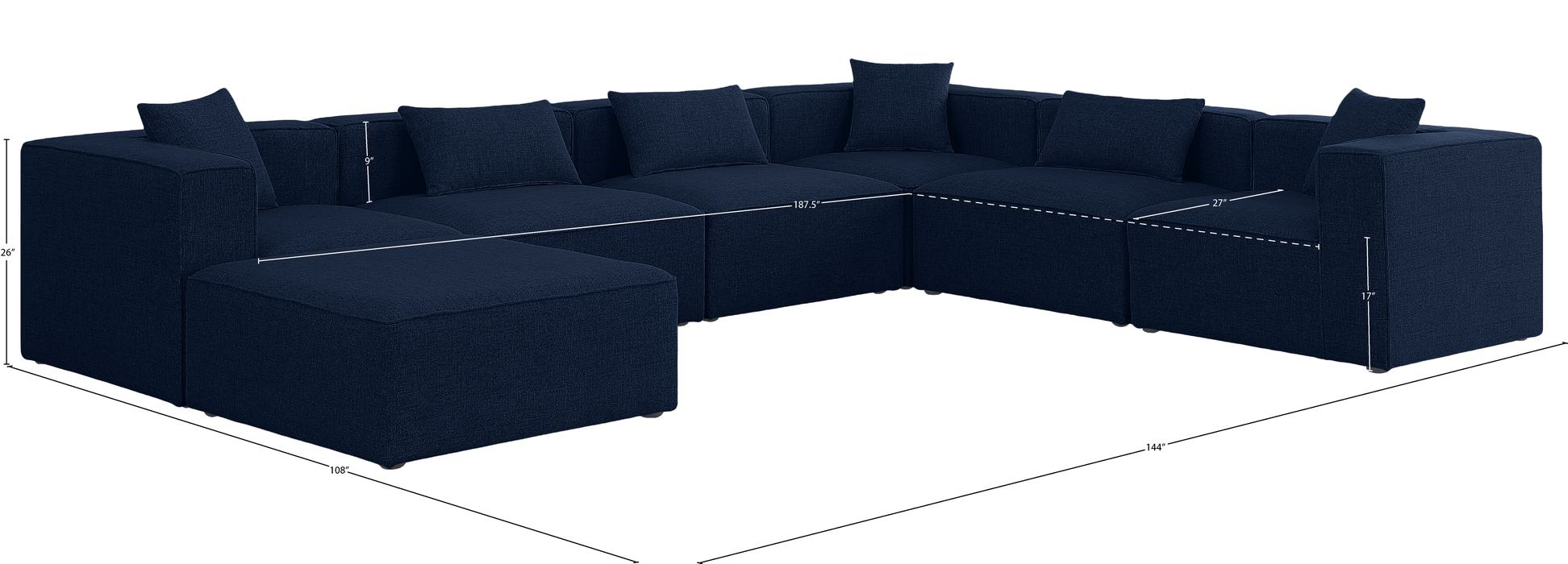 Meridian Furniture - Cube 144" Navy Fabric Upholstered 7pc. Sectional - 630Navy-Sec7A - GreatFurnitureDeal