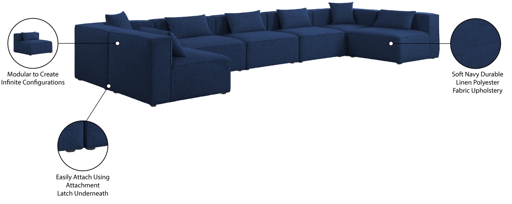Meridian Furniture - Cube 180" Navy Fabric Upholstered 7pc. Sectional - 630Navy-Sec7B - GreatFurnitureDeal