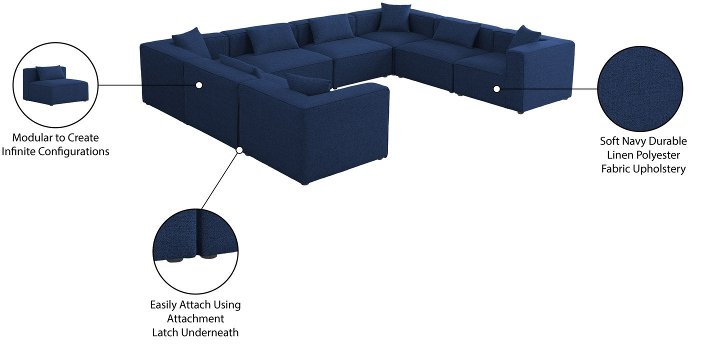Meridian Furniture - Cube 144" Navy Fabric Upholstered 8pc. Sectional - 630Navy-Sec8A - GreatFurnitureDeal