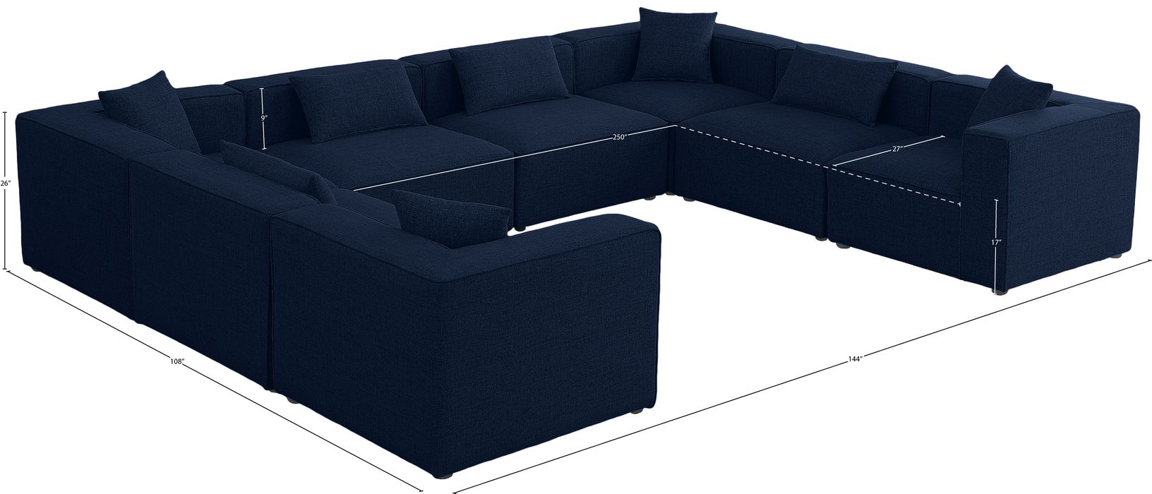Meridian Furniture - Cube 144" Navy Fabric Upholstered 8pc. Sectional - 630Navy-Sec8A - GreatFurnitureDeal