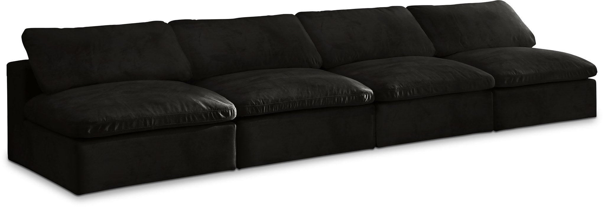 Meridian Furniture - Cozy 156" Black Velvet Upholstered Overstuffed Fiber Filled Comfort 4pc. Armless Sofa - 634Black-S156 - GreatFurnitureDeal