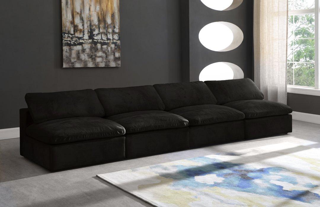 Meridian Furniture - Cozy 156" Black Velvet Upholstered Overstuffed Fiber Filled Comfort 4pc. Armless Sofa - 634Black-S156 - GreatFurnitureDeal