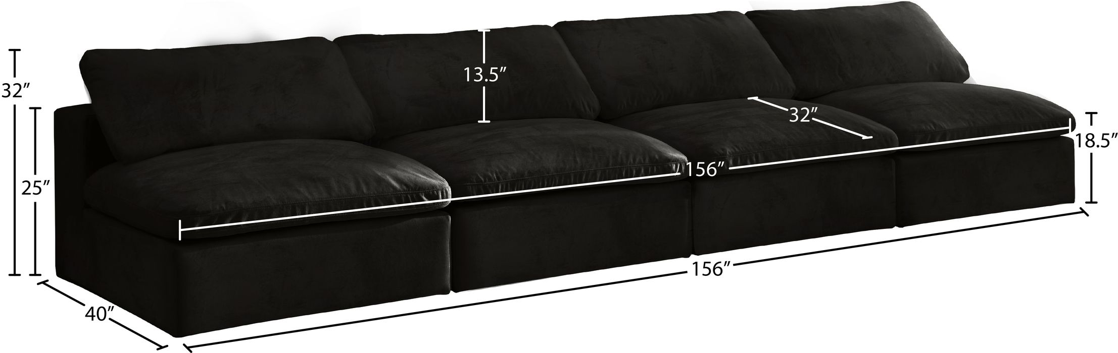 Meridian Furniture - Cozy 156" Black Velvet Upholstered Overstuffed Fiber Filled Comfort 4pc. Armless Sofa - 634Black-S156 - GreatFurnitureDeal