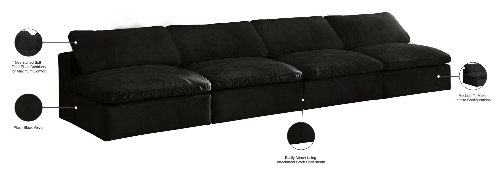 Meridian Furniture - Cozy 156" Black Velvet Upholstered Overstuffed Fiber Filled Comfort 4pc. Armless Sofa - 634Black-S156 - GreatFurnitureDeal