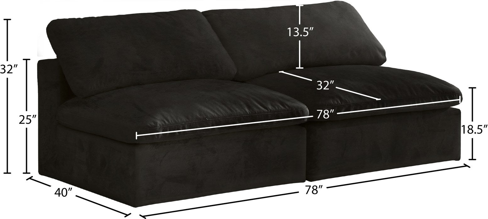 Meridian Furniture - Cozy 78" Black Velvet Upholstered Overstuffed Fiber Filled Comfort 2pc. Armless Sofa - 634Black-S78 - GreatFurnitureDeal