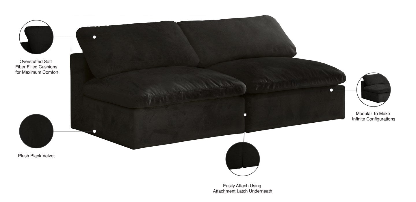 Meridian Furniture - Cozy 78" Black Velvet Upholstered Overstuffed Fiber Filled Comfort 2pc. Armless Sofa - 634Black-S78 - GreatFurnitureDeal
