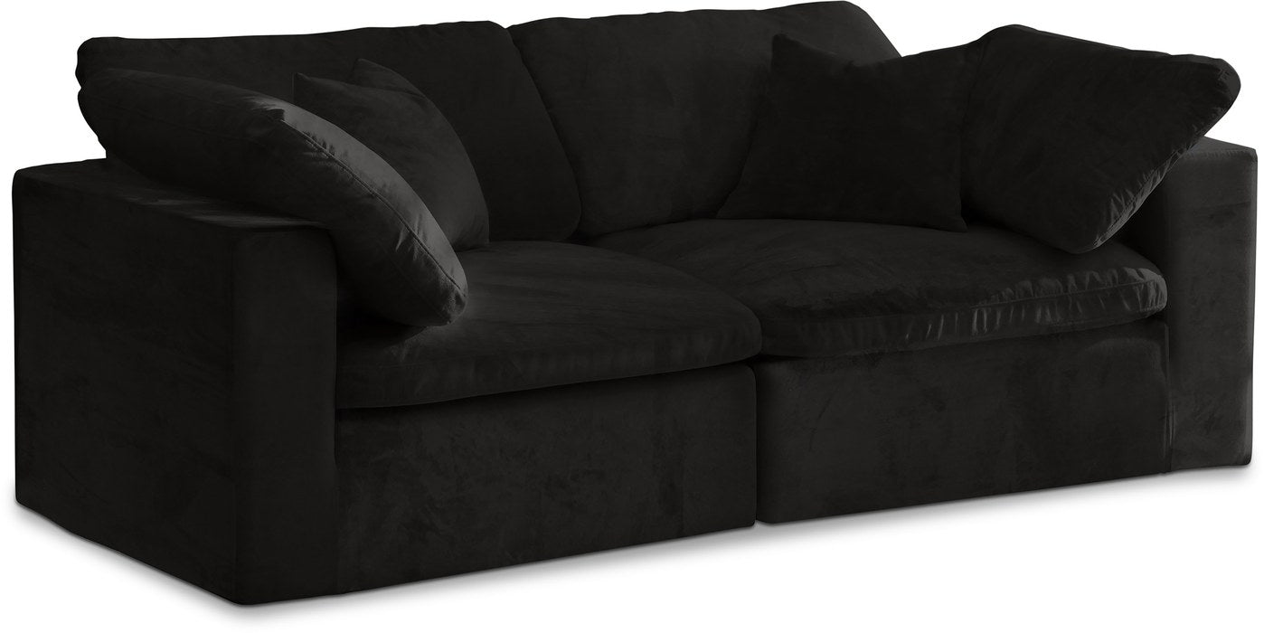 Meridian Furniture - Cozy 80" Black Velvet Upholstered Overstuffed Fiber Filled Comfort 2pc. Sofa - 634Black-S80 - GreatFurnitureDeal