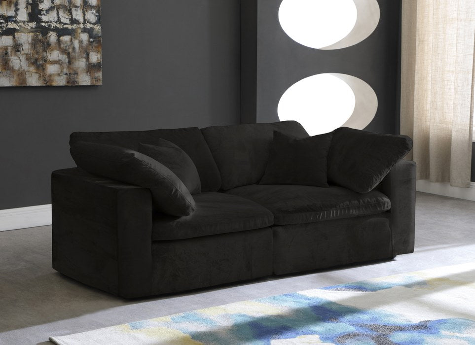 Meridian Furniture - Cozy 80" Black Velvet Upholstered Overstuffed Fiber Filled Comfort 2pc. Sofa - 634Black-S80 - GreatFurnitureDeal