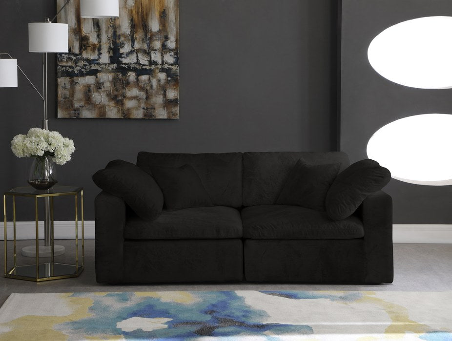 Meridian Furniture - Cozy 80" Black Velvet Upholstered Overstuffed Fiber Filled Comfort 2pc. Sofa - 634Black-S80 - GreatFurnitureDeal