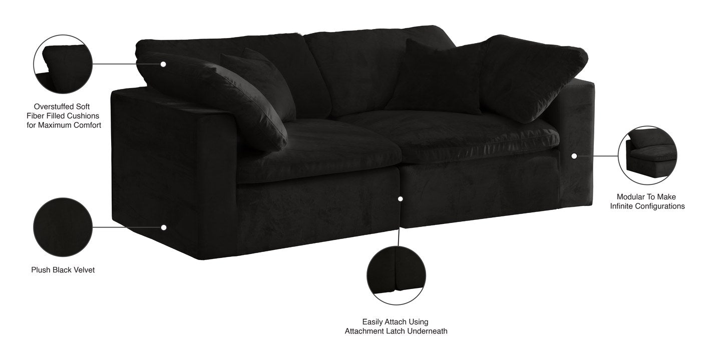 Meridian Furniture - Cozy 80" Black Velvet Upholstered Overstuffed Fiber Filled Comfort 2pc. Sofa - 634Black-S80 - GreatFurnitureDeal
