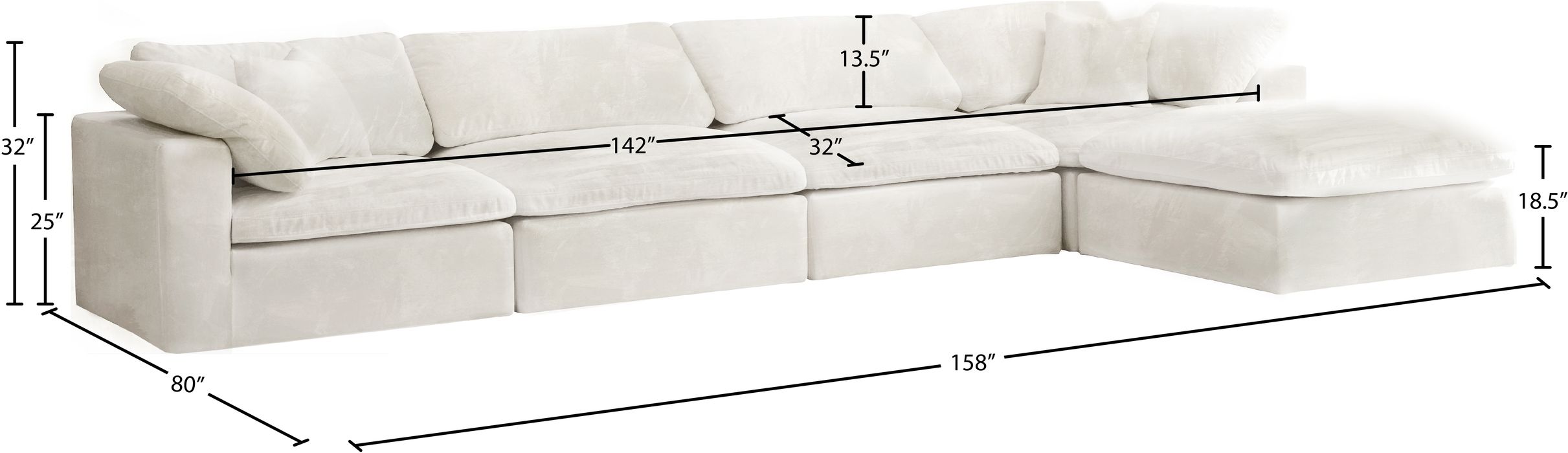 Meridian Furniture - Cozy 158" Cream Velvet Upholstered Overstuffed Fiber Filled Comfort 5pc. Sectional - 634Cream-Sec5A - GreatFurnitureDeal