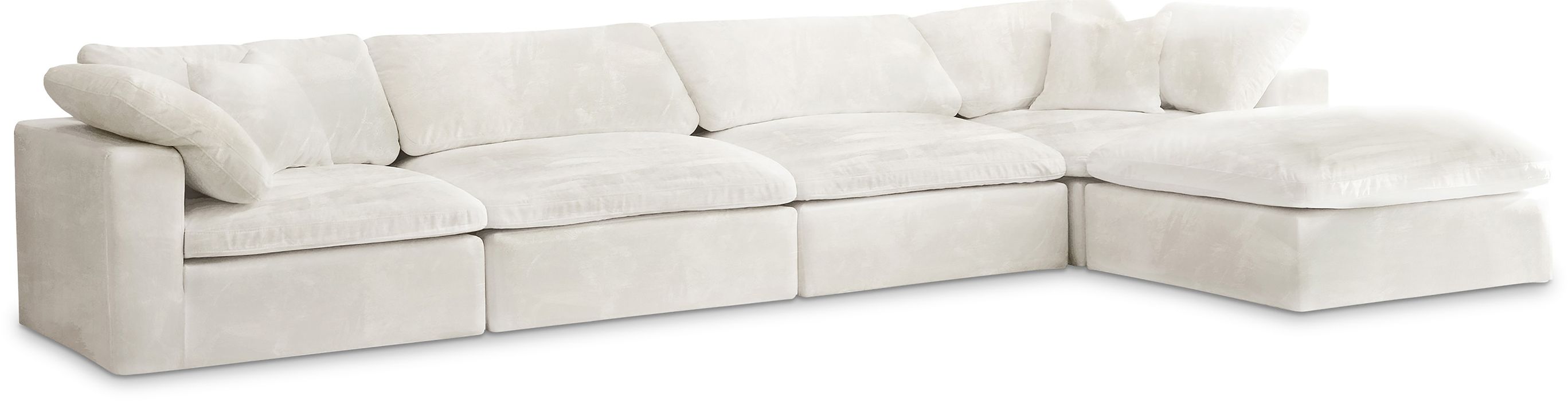 Meridian Furniture - Cozy 158" Cream Velvet Upholstered Overstuffed Fiber Filled Comfort 5pc. Sectional - 634Cream-Sec5A - GreatFurnitureDeal