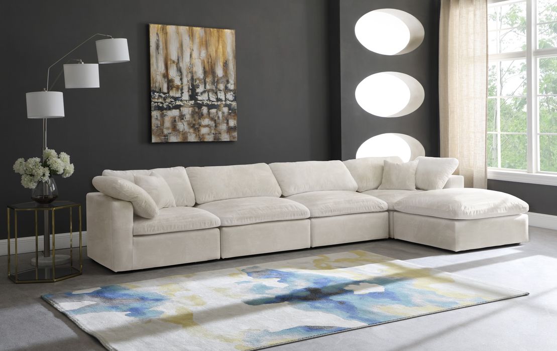 Meridian Furniture - Cozy 158" Cream Velvet Upholstered Overstuffed Fiber Filled Comfort 5pc. Sectional - 634Cream-Sec5A - GreatFurnitureDeal