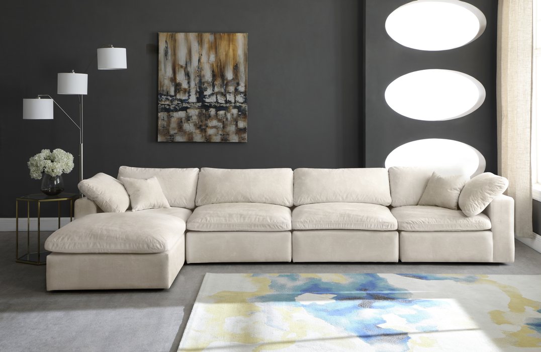 Meridian Furniture - Cozy 158" Cream Velvet Upholstered Overstuffed Fiber Filled Comfort 5pc. Sectional - 634Cream-Sec5A - GreatFurnitureDeal