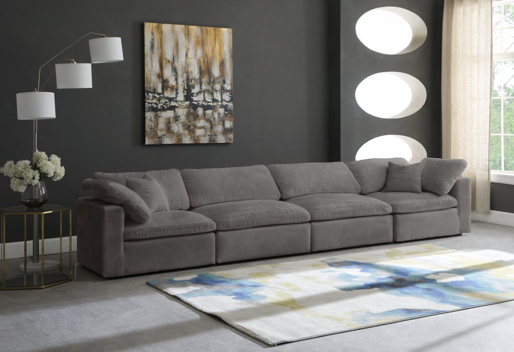Meridian Furniture - Cozy 158" Grey Velvet Upholstered Overstuffed Fiber Filled Comfort 4pc. Sofa - 634Grey-S158 - GreatFurnitureDeal