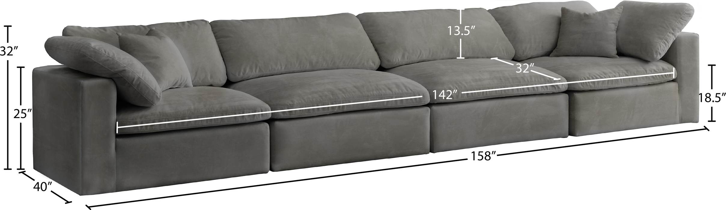 Meridian Furniture - Cozy 158" Grey Velvet Upholstered Overstuffed Fiber Filled Comfort 4pc. Sofa - 634Grey-S158 - GreatFurnitureDeal