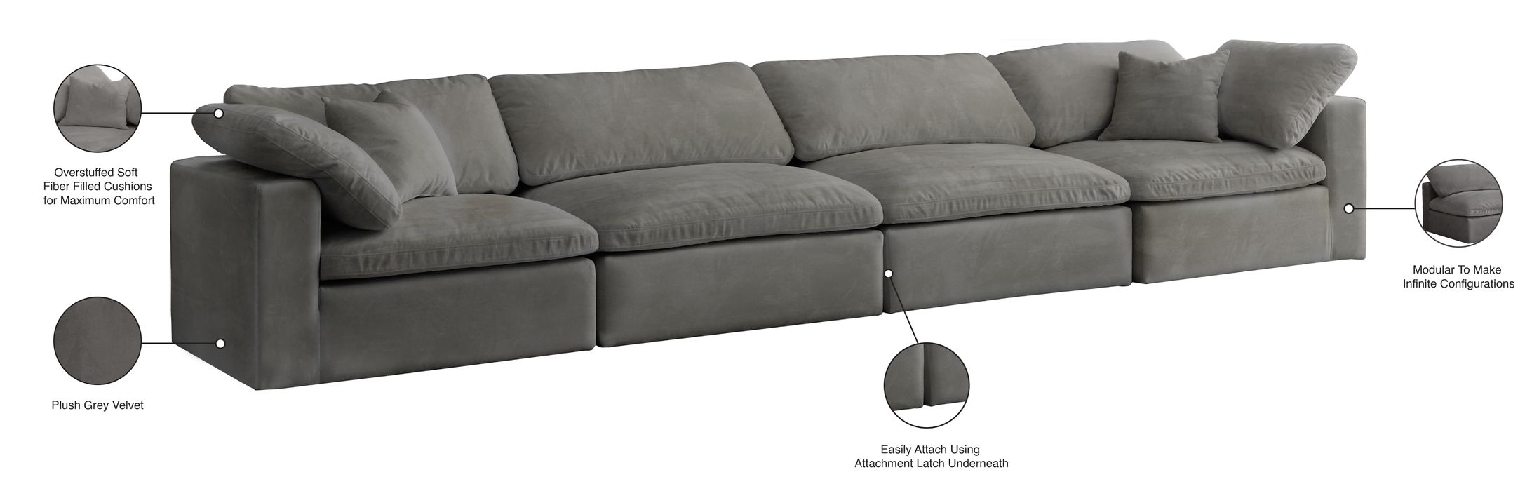Meridian Furniture - Cozy 158" Grey Velvet Upholstered Overstuffed Fiber Filled Comfort 4pc. Sofa - 634Grey-S158 - GreatFurnitureDeal