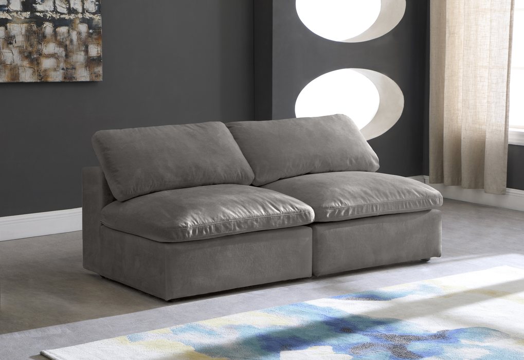 Meridian Furniture - Cozy 78" Grey Velvet Upholstered Overstuffed Fiber Filled Comfort 2pc. Armless Sofa - 634Grey-S78 - GreatFurnitureDeal