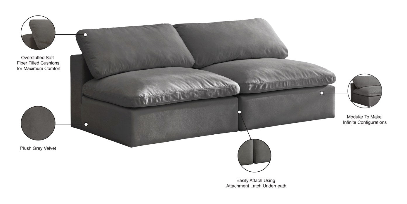 Meridian Furniture - Cozy 78" Grey Velvet Upholstered Overstuffed Fiber Filled Comfort 2pc. Armless Sofa - 634Grey-S78 - GreatFurnitureDeal
