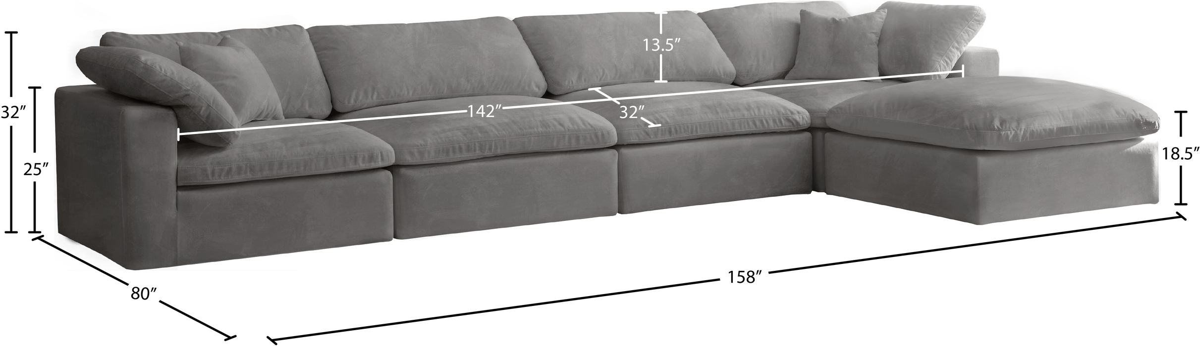 Meridian Furniture - Cozy 158" Grey Velvet Upholstered Overstuffed Fiber Filled Comfort 5pc. Sectional - 634Grey-Sec5A - GreatFurnitureDeal