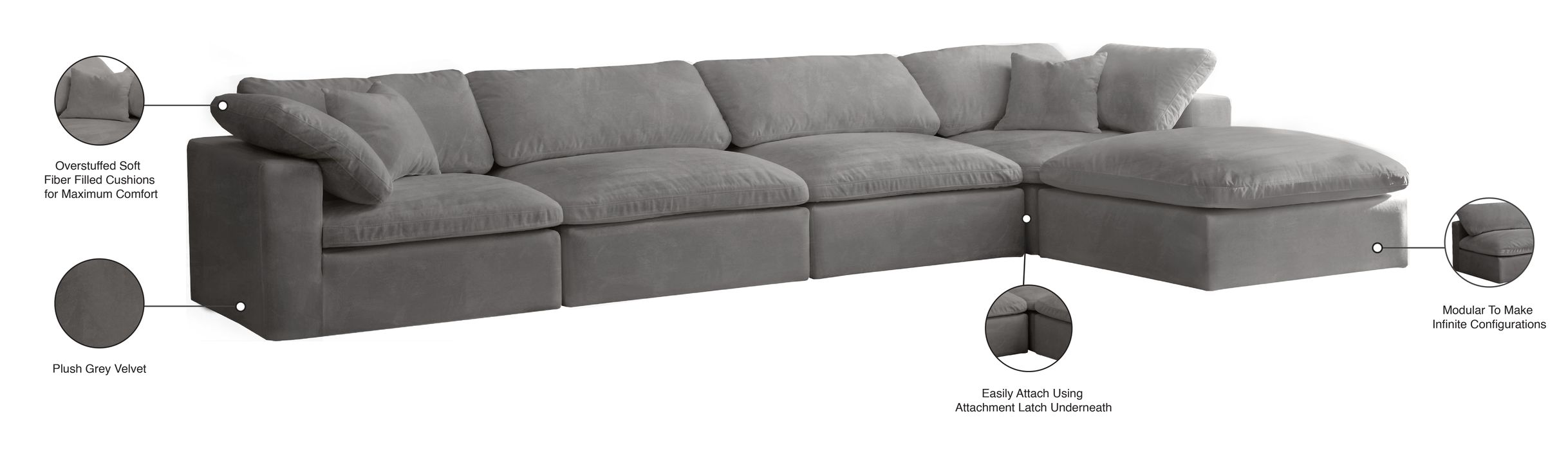 Meridian Furniture - Cozy 158" Grey Velvet Upholstered Overstuffed Fiber Filled Comfort 5pc. Sectional - 634Grey-Sec5A - GreatFurnitureDeal