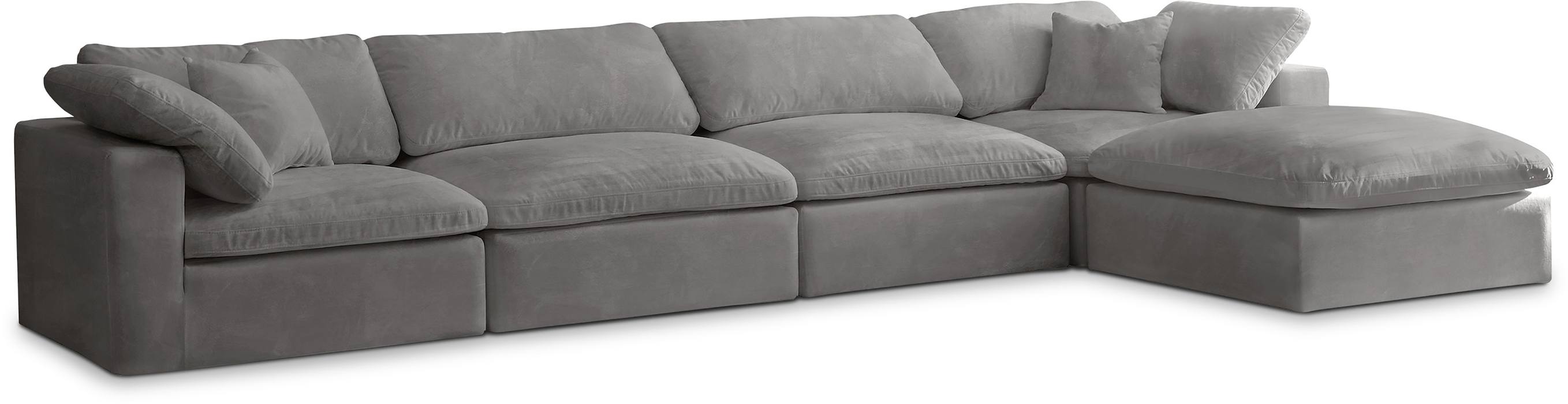 Meridian Furniture - Cozy 158" Grey Velvet Upholstered Overstuffed Fiber Filled Comfort 5pc. Sectional - 634Grey-Sec5A - GreatFurnitureDeal