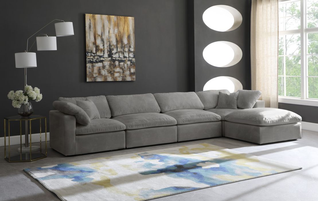 Meridian Furniture - Cozy 158" Grey Velvet Upholstered Overstuffed Fiber Filled Comfort 5pc. Sectional - 634Grey-Sec5A - GreatFurnitureDeal