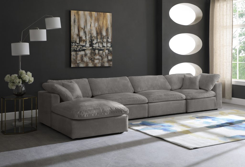 Meridian Furniture - Cozy 158" Grey Velvet Upholstered Overstuffed Fiber Filled Comfort 5pc. Sectional - 634Grey-Sec5A - GreatFurnitureDeal