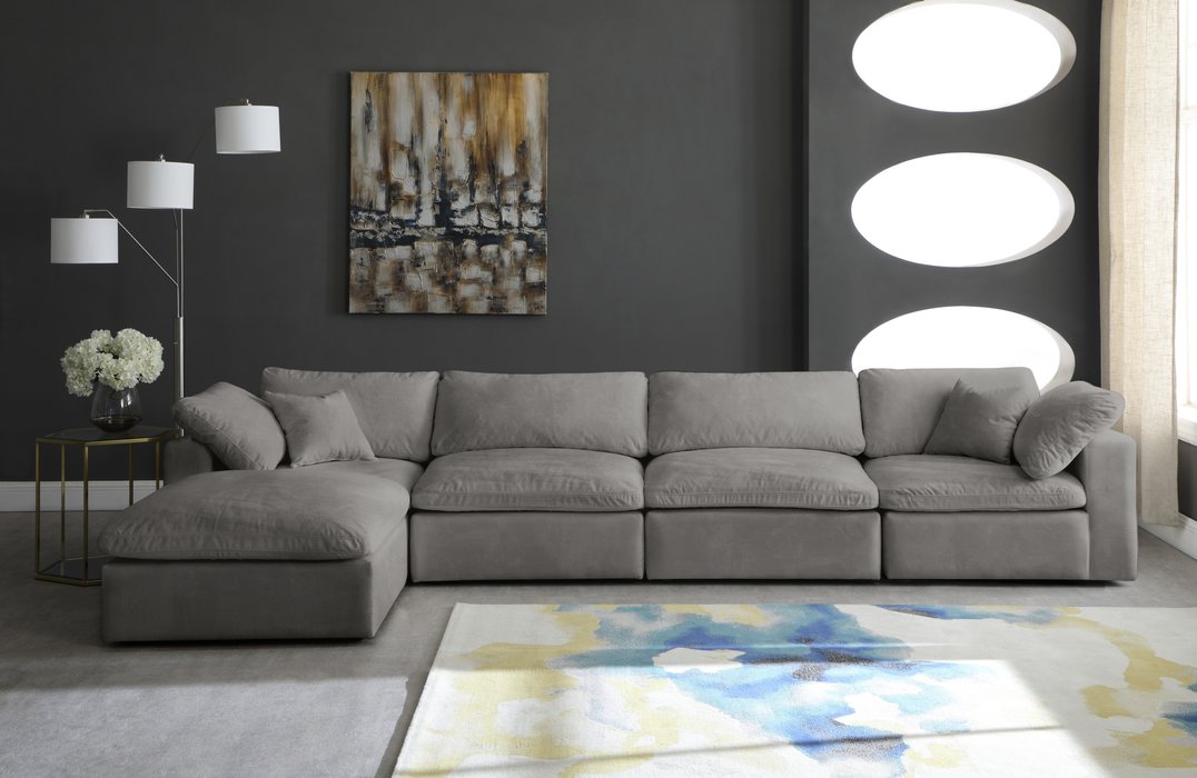 Meridian Furniture - Cozy 158" Grey Velvet Upholstered Overstuffed Fiber Filled Comfort 5pc. Sectional - 634Grey-Sec5A - GreatFurnitureDeal