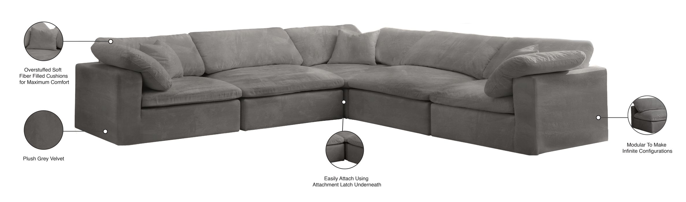 Meridian Furniture - Cozy 119" Grey Velvet Upholstered Overstuffed Fiber Filled Comfort 5pc. Sectional - 634Grey-Sec5C - GreatFurnitureDeal